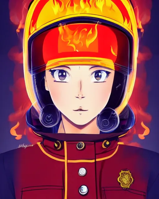 Image similar to fireman, cool pose, fire jacket, helmet, covered in beautiful flames!!! | | very very anime!!!, beautiful fine - face, audrey plaza, realistic shaded perfect face, fine details. anime. realistic shaded lighting poster by ilya kuvshinov katsuhiro otomo ghost - in - the - shell, magali villeneuve, artgerm