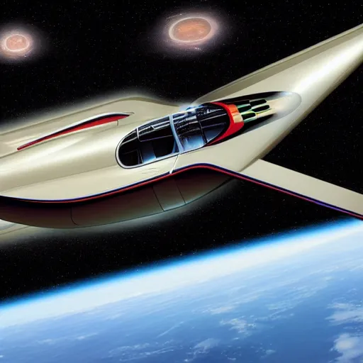 Image similar to a retro sci fi wallpaper of a jaguar e - type series 1 roadster flying in space
