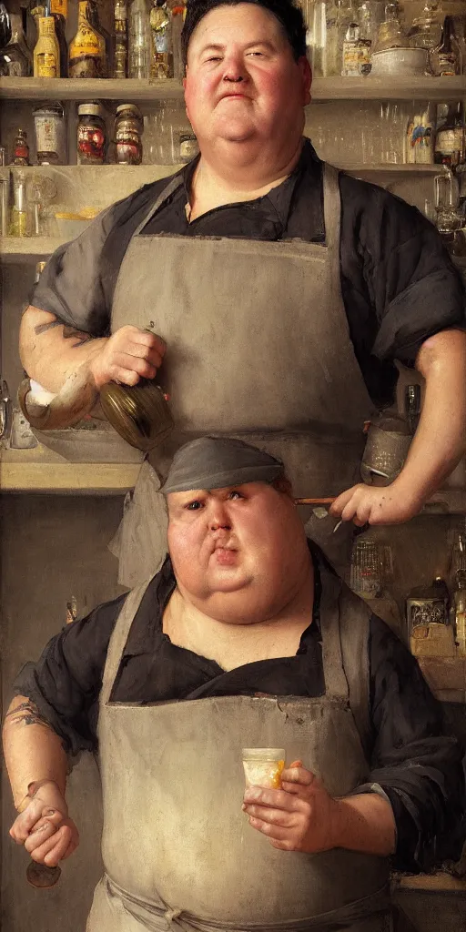 Prompt: portrait of a fat tavern ownler with dirty apron by Edgar Maxence and Ross Tran and Michael Whelan, 8k, octane render