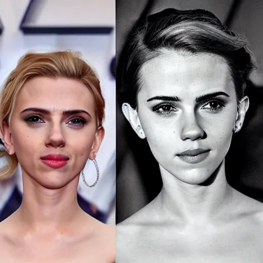 Image similar to a woman who is a genetic combination of scarlett johansson and emma watson face and upper - body focus