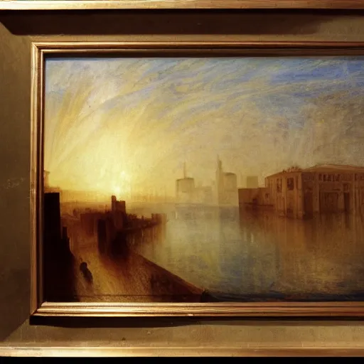 Prompt: the Roman villa by the harbour, ancient art, light of god, Tate collection, in style of J.M.W. Turner