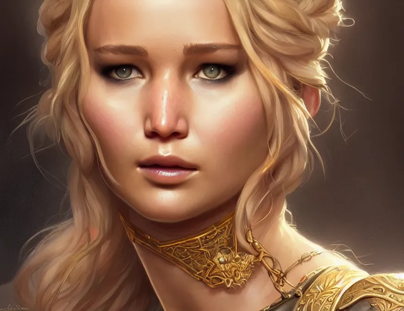 Image similar to Jennifer Lawrence, closeup, D&D, fantasy, intricate, elegant, highly detailed, digital painting, artstation, concept art, matte, sharp focus, illustration, hearthstone, art by Artgerm and Greg Rutkowski and Alphonse Mucha