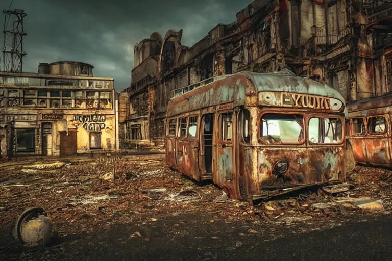 Image similar to low wide angle shot of dilapidated fallout 5 europa, temperate european hamlet, desolate, dilapidated neon signs, few rusted retro futuristic vintage parked vehicles like cars, ( ( ( ( buses, trucks, trams ) ) ) ), volumetric lighting, photorealistic, daytime, autumn, sunny weather, sharp focus, ultra detailed