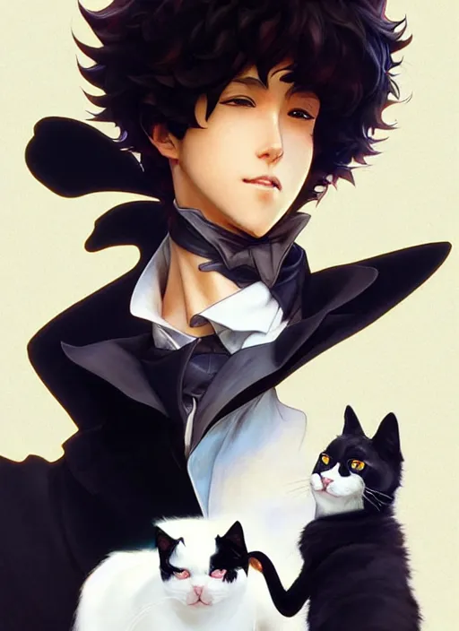 Prompt: ein from cowboy bebop playing with a tuxedo cat, intricate, elegant, hyper detailed, ultra definition, photoreal, artstation, unreal engine rendered, concept art, smooth, sharp focus, illustration, art by artgerm and greg rutkowski and alphonse mucha and garis edelweiss