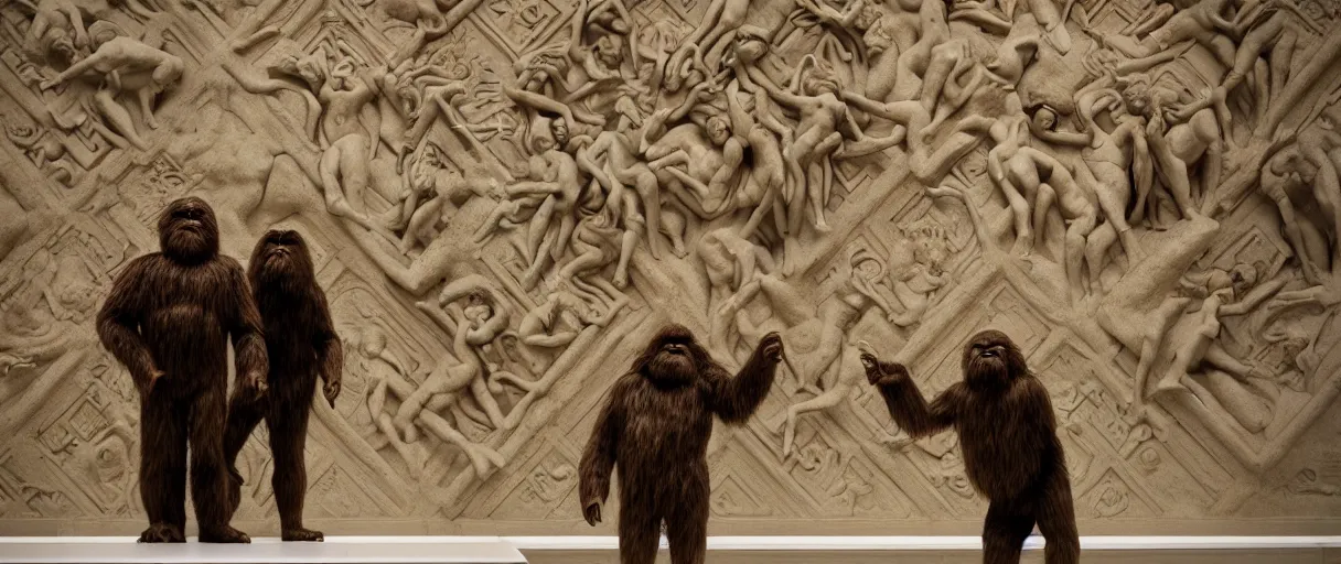 Image similar to accidentally wes anderson award - winning photograph of yeti and bigfoot visiting louvre, accidental renaissance, golden ratio, fibonacci composition, 4 k, detailed, art by greg rutkowsky, trending on artstation, cinematic lighting, filmic grain, golden hour, detailed, 4 k