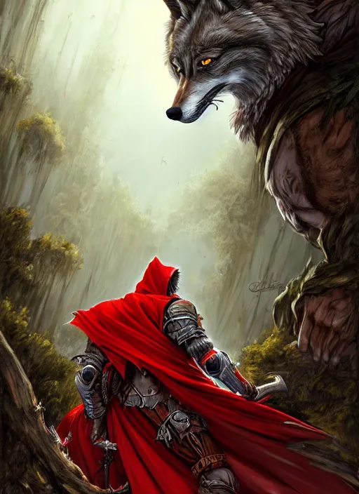 Image similar to digital _ picture _ little red riding hood, the wolf slayer _ filipe _ poles _ and _ justin _ gerard _ symmetrical _ fantasy _ very _ detailed _ realistic _ complex _ clear focus