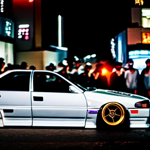 Image similar to a car JZX100 turbo drift at illegal car meet, Shibuya prefecture, midnight mist lights, cinematic color, photorealistic, highly detailed wheels, 200MM