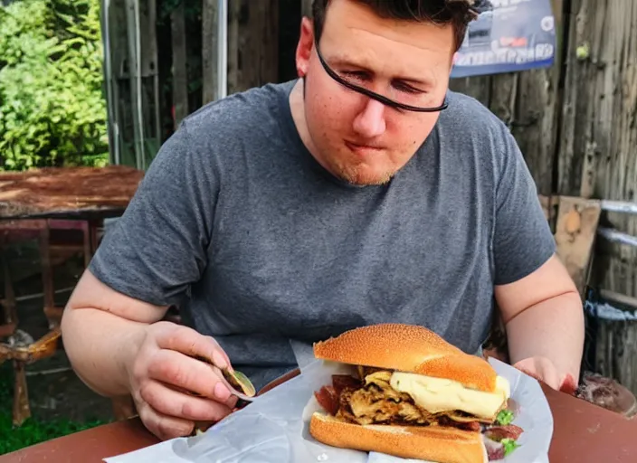 Image similar to Detrans man eating a chicken and bacon sandwich