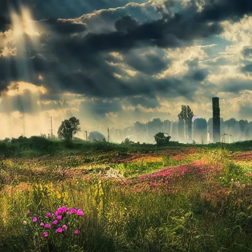 Prompt: beautiful meadow invading a burnt out dirty industrial complex, an abundance of flowers and butterflies, cinematic light, god rays, fantasy landscape,