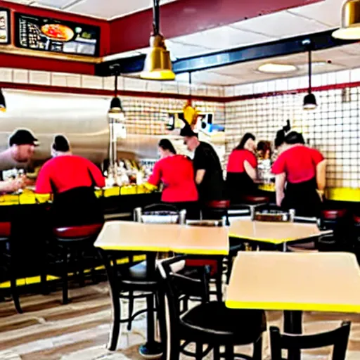 Image similar to busy wafflehouse interior with customers eating breakfast and wafflehouse employees serving food and cooking food behind countertop that has food on top of it