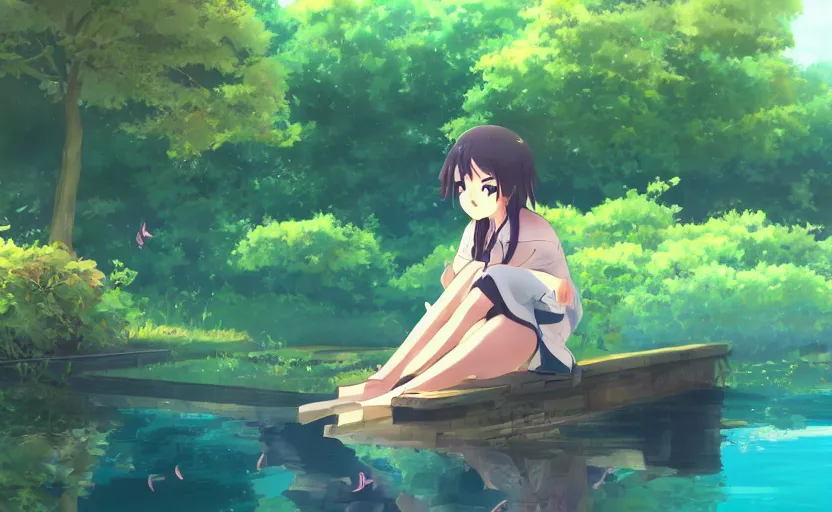 Prompt: An anime girl sitting on a dock, fishing in a pond, anime scenery by Makoto Shinkai, digital art