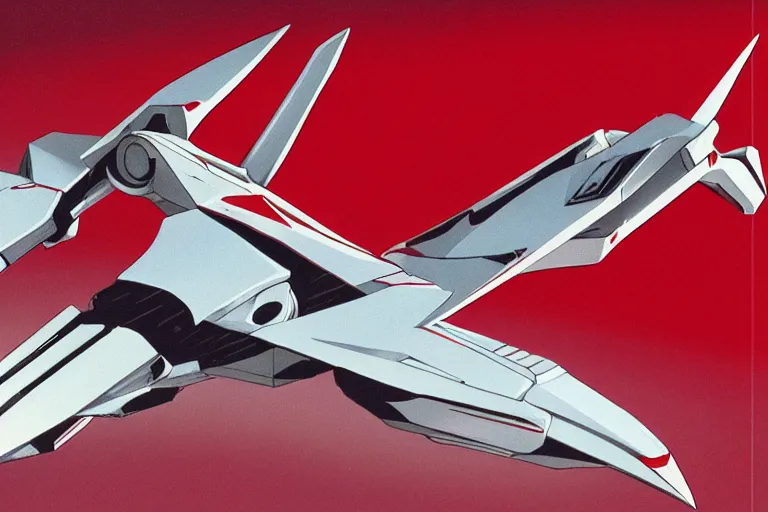 Image similar to a pteranodon mecha fighter, red and white robotech styling with Kanji markings, boeing concept art