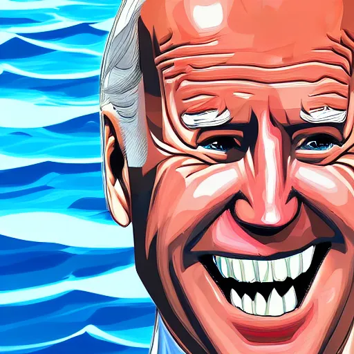 Prompt: joe biden sharkman swimming underwater, shark - human face, impressionism, gta 5, caricature, comic speed lines motion