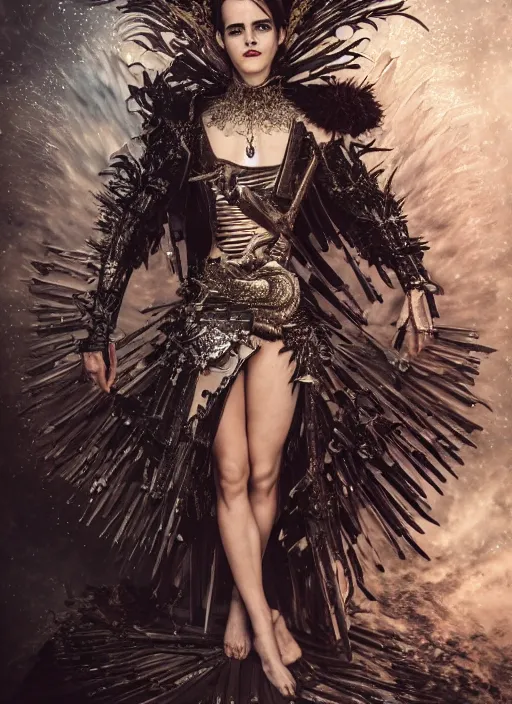 Image similar to expressive full body photo of a emma watson, headpiece made from knives, dress made of swords, glamour shot, by karol bak, by stefan gesell, photorealistic, canon r 3, fashion photography, hyper maximalist, elegant, ornate, luxury, elite, environmental portrait, symmetrical features, octane render, unreal engine, solid dark grey background, dramatic lights