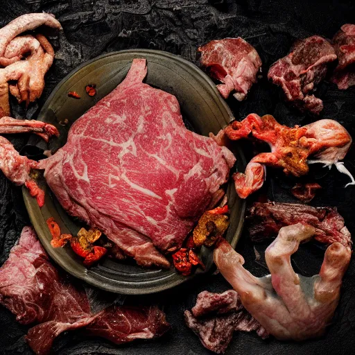 Image similar to an 8 k uhd digital photo of a zombie witch crumpled on the bathroom floor showing meat over a pile of meat and tendon