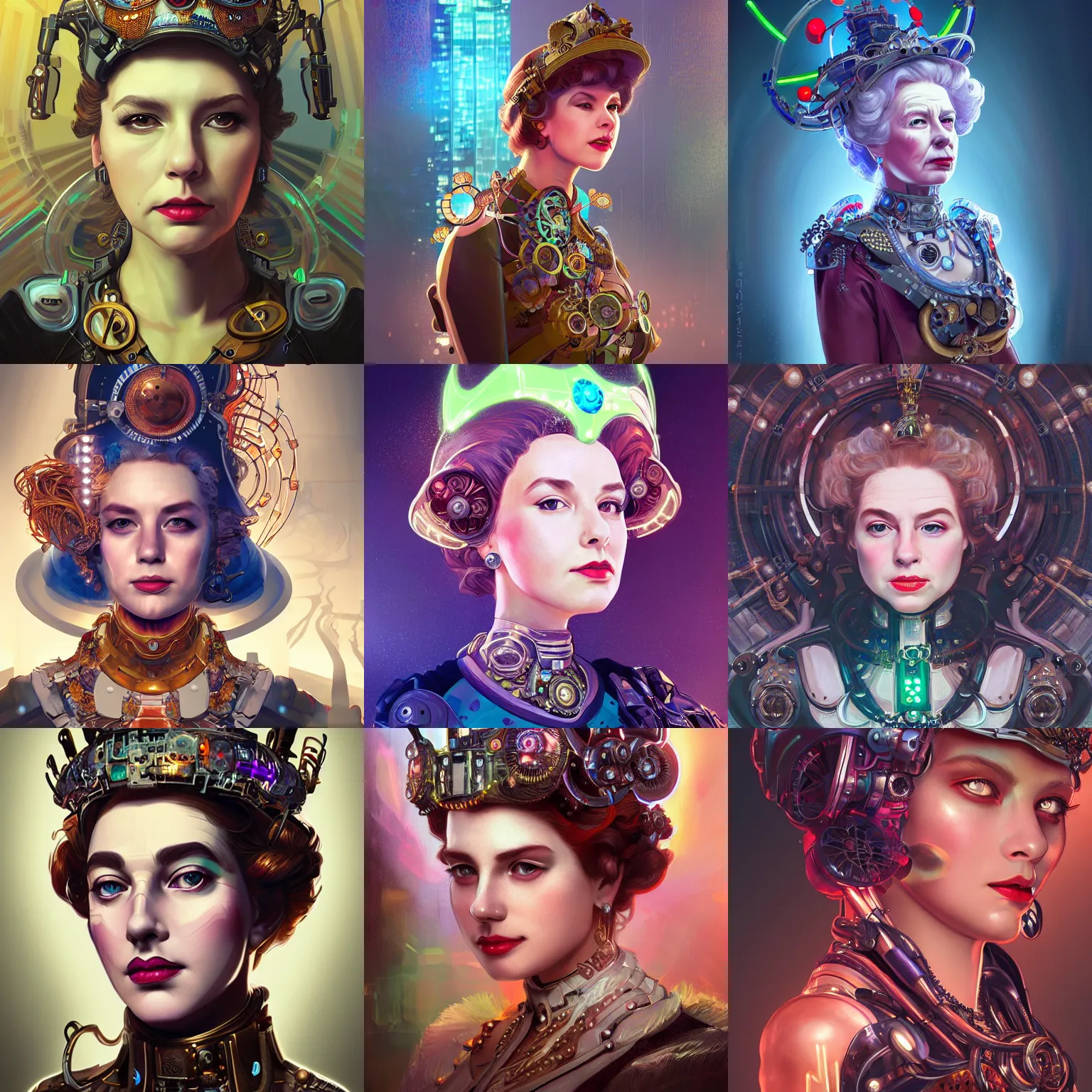 Prompt: portrait futuristic queen elizabeth ii steampunk half - cyborg cowgirl, neon light rooftop, fantasy, intricate and very very beautiful and elegant, highly detailed, digital painting, artstation, concept art, smooth and sharp focus, illustration, art by tan zi and ayanamikodon and alphonse mucha and wlop