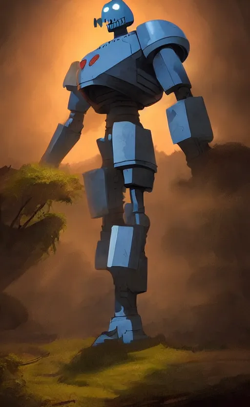 Image similar to iron giant standing near his farm, dynamic lighting, photorealistic fantasy concept art, trending on art station, stunning visuals, creative, cinematic, ultra detailed