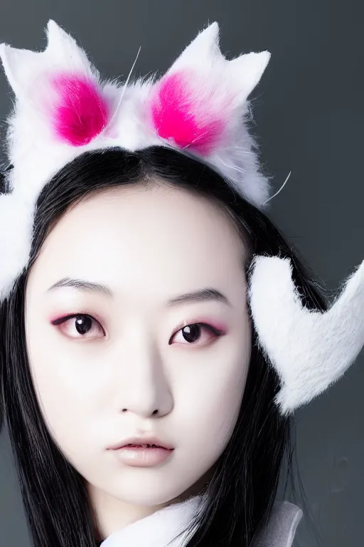 Image similar to aesthetic photograph of alluring young Japanese woman wearing white cat ears, by Nick Knight and jia ruan, headshot, cosplay, realistic, photorealistic, HD, 4k resolution