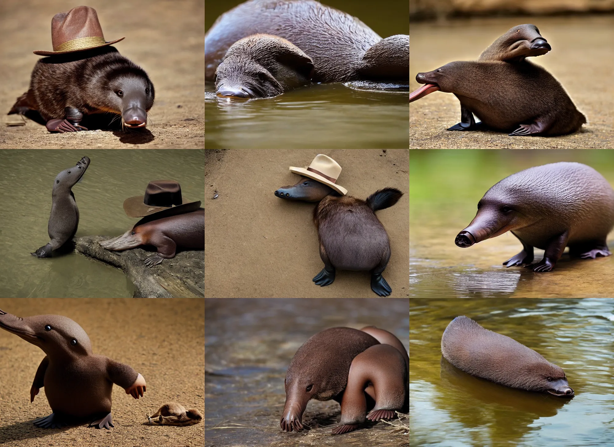 Prompt: a real platypus wearing a brown fedora, national geographic photo