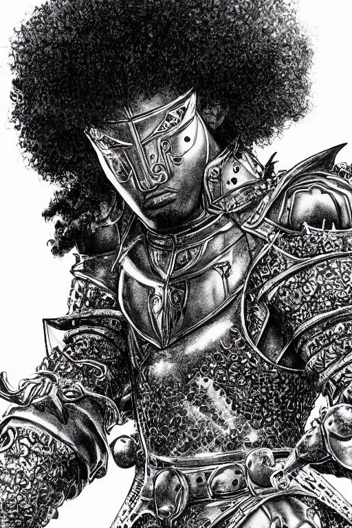 Image similar to black man with afro hair and raspy beard stubble as a knight, highly detailed, anatomically correct, black and white, manga, art by kentaro miura