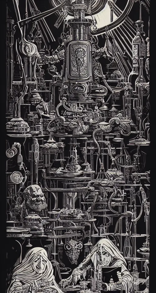 Image similar to ancient alchemist wizards laboratory, high details, lineart, by vincent di fate, inking, 3 color screen print, masterpiece, trending on artstation, sharp, high contrast, hyper - detailed, hd, 4 k, 8 k