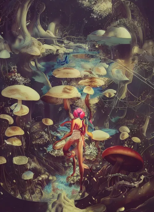 Image similar to surreal gouache painting, by yoshitaka amano, by ruan jia, by Conrad roset, by good smile company, detailed anime 3d render of a wild mushroom Surrounded by magical Dragonflies and a big DJ Mixer, deck, portrait, cgsociety, artstation, rococo mechanical and Digital and electronic, dieselpunk atmosphere
