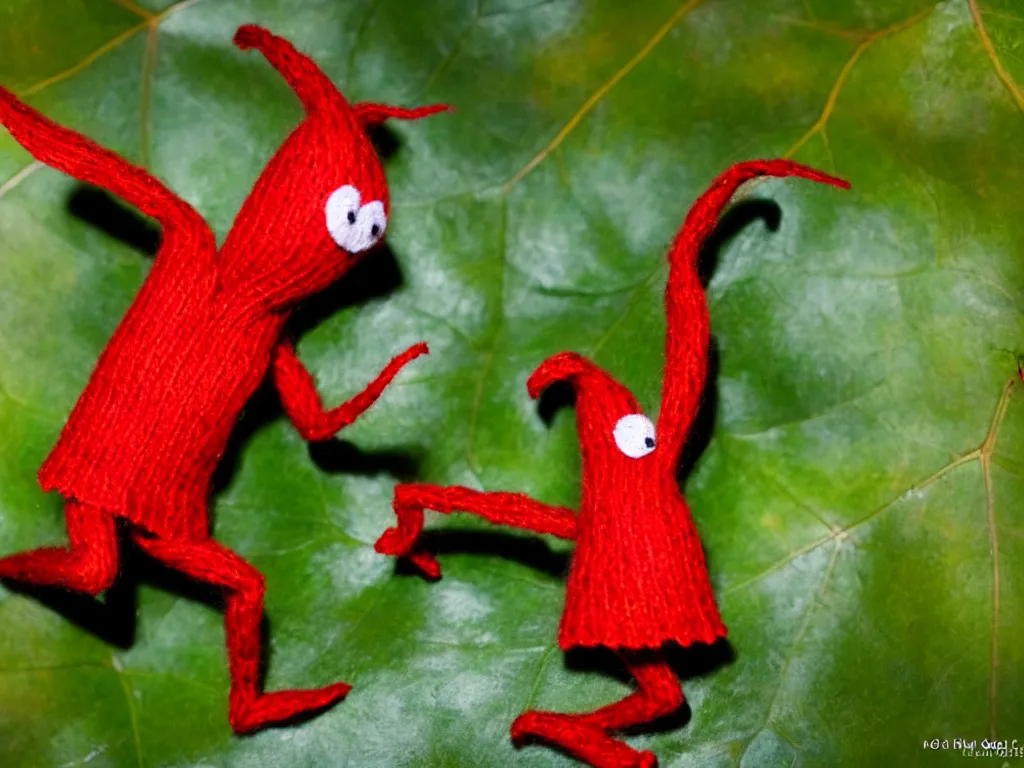 Prompt: a red yarny dancing on a leaf,