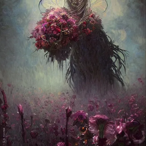 Prompt: a beautiful terrifying monster made of flowers. ethereal horror fantasy art by greg rutkowski and monet