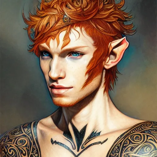 Image similar to portrait painting of an elven young man with short ginger hair and tribal tattoos wearing light armor, sharp focus, award - winning, trending on artstation, masterpiece, highly detailed, intricate. art by rebecca guay