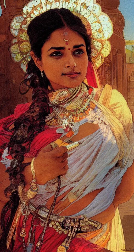 Image similar to close up a beautiful Indian doctor in Texas, sun shining, photo realistic illustration by greg rutkowski, thomas kindkade, alphonse mucha, loish, norman rockwell.