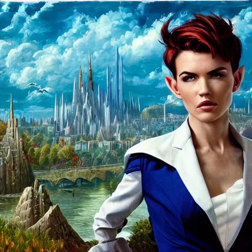 Prompt: Ruby Rose with medium-length messy spiked auburn hair and pointed elf ears and dressed in a blue men's suit with a yellow tie and white shirt, standing on a stone bridge with a fantasy metropolis of tall stone towers in the background, oil painting in the style of Alex Ross