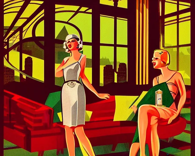 Image similar to 1 9 3 0 s teenager in art deco style, champagne commercial, artstation, illustration, bright, cheerful, detailed and intricate environment