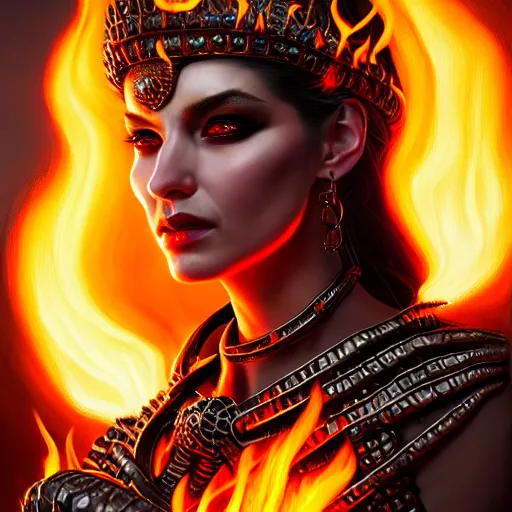 Image similar to Closeup of realistic Sumerian Death Queen with small bones covering vest and flowing fire and smoke , fantasy, intricate, elegant, highly detailed, digital painting, artstation, concept art, matte, sharp focus, illustration, hearthstone, art by Artgerm and Greg Rutkowski and peter mordenbacher