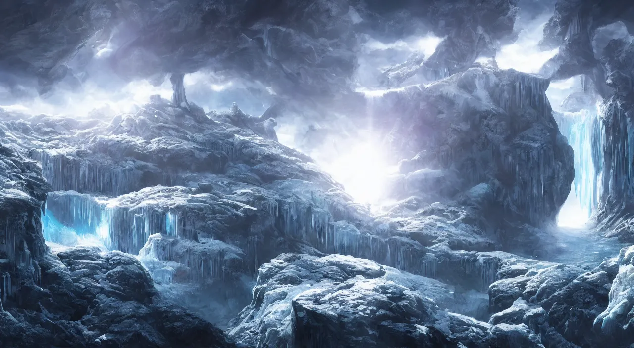 Prompt: hyper realistic matte painting of frozen waterfall flat earth planet in the outer space, highly detailed, trending on artstation, concept art, sharp focus, art by jan matejko