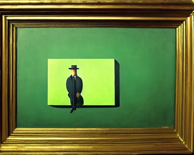 Image similar to green painting by Magritte. Pressed with gold leaf. shiny golden accents