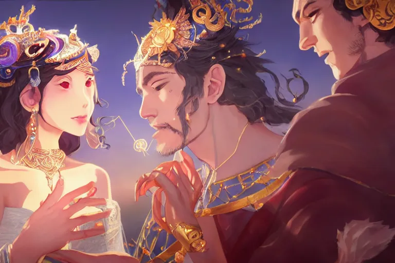 Image similar to close up moment of a divine a sun god and a moon goddess lovers magician at a wedding banquet, highly detailed, d & d, fantasy, 4 k realistic, digital painting, trending on artstation, concept art, sharp focus, illustration, art by makoto shinkai and akihiko yoshida and daniel gerhartz