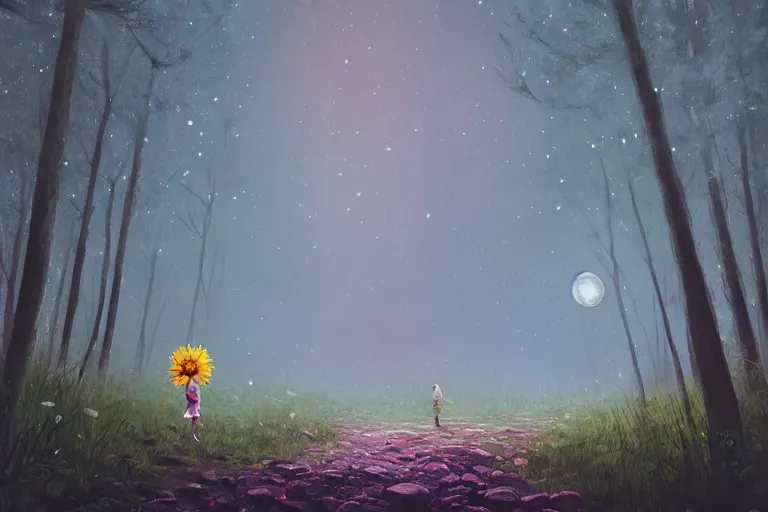 Image similar to giant daisy flowers head, girl walking in dark forest, surreal photography, dark night, stars, moon light, impressionist painting, clouds, digital painting, artstation, simon stalenhag