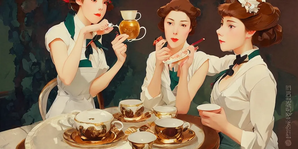 Image similar to attractive female drinking tea, in the style of studio ghibli, j. c. leyendecker, greg rutkowski, artgerm