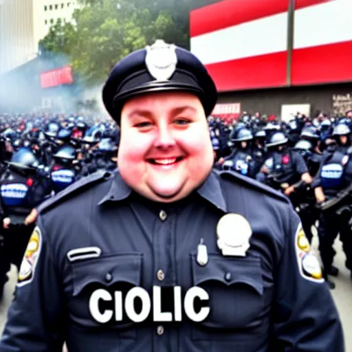 Image similar to chubby cop takes a smiling selfie in front of a riot, high detail, full focus, time magazine 2 0 2 2