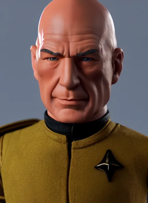 Prompt: 80mm resin detailed action figure of Captain Jean-Luc Picard, Product Introduction Photos, 4K, Full body