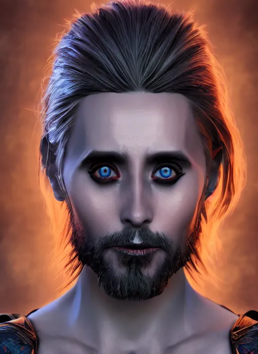 Prompt: A fantasy comic book style portrait painting of Jared Leto as a dark elf, unreal 5, DAZ, hyperrealistic, octane render, RPG portrait, ambient light, dynamic lighting