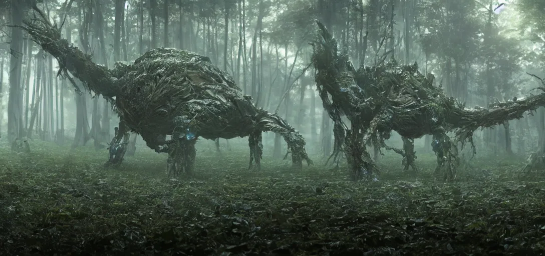 Image similar to a complex organic fractal 3 d metallic symbiotic ceramic humanoid megastructure creature in a swampy lush forest, glowing eyes, foggy, sun rays, cinematic shot, photo still from movie by denis villeneuve, wayne barlowe