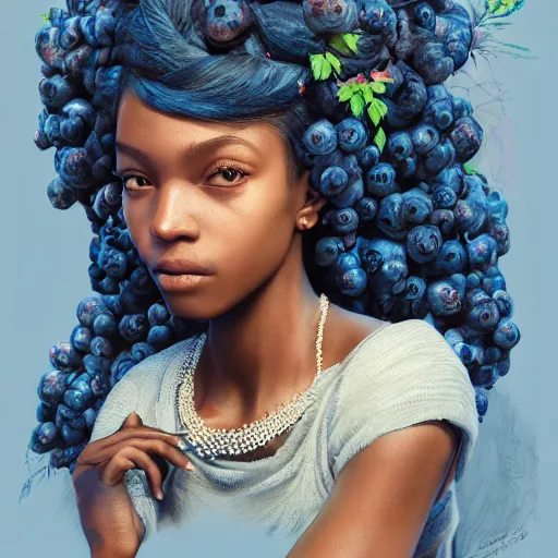 Image similar to the portrait of a blueberry that resembles an absurdly beautiful, graceful, elegant, sophisticated young black woman, an ultrafine hyperdetailed illustration by kim jung gi, irakli nadar, intricate linework, bright colors, octopath traveler, final fantasy, unreal engine 5 highly rendered, global illumination, radiant light, detailed and intricate environment