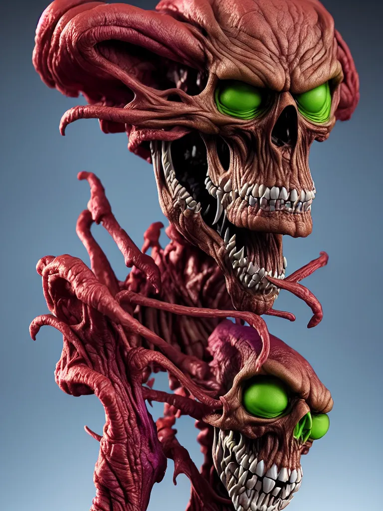 Image similar to hyperrealistic rendering, skeletor face by bernie wrightson and killian eng and joe fenton, product photography, action figure, sofubi, studio lighting, colored gels