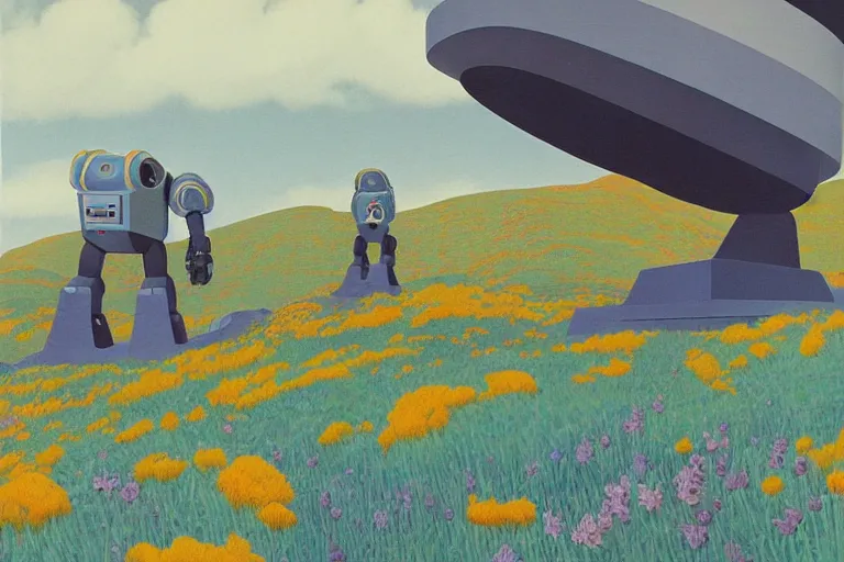 Prompt: giant mecha robot, blooming hills with spring flowers and pillars by helen lundeberg