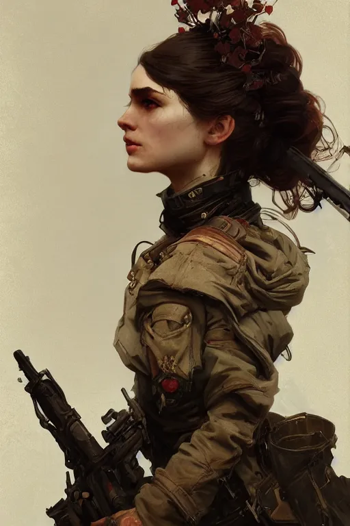 Image similar to A full portrait of a beautiful post apocalyptic commissar, intricate, elegant, highly detailed, digital painting, artstation, concept art, smooth, sharp focus, illustration, art by Krenz Cushart and Artem Demura and alphonse mucha