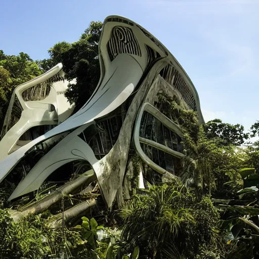 Image similar to old photo overgrown zaha hadid alphonse mucha spaceship ruins in jungle sunlight