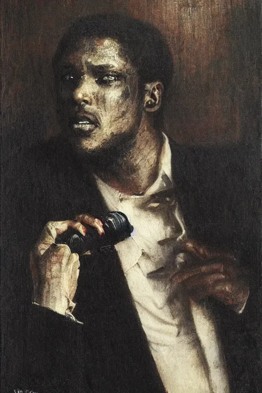 Image similar to portrait of a contract killer, a black man in a pristine white dress shirt. his eyes are collapsing black pits of darkness. horror. art by gaston bussiere.