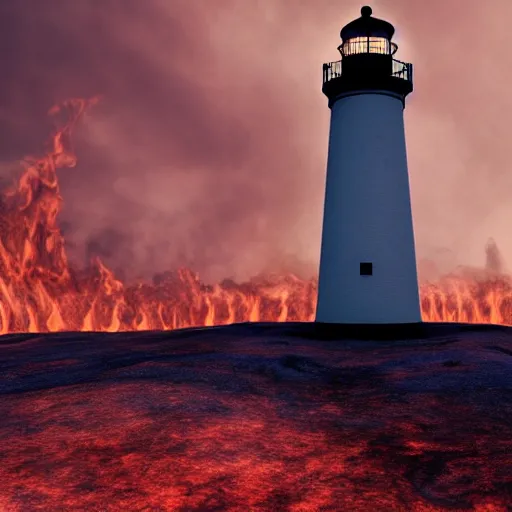 Image similar to a lighthouse in hell. 4 k dannated people. fire. light. cinematic. rule of thirds. realistic.