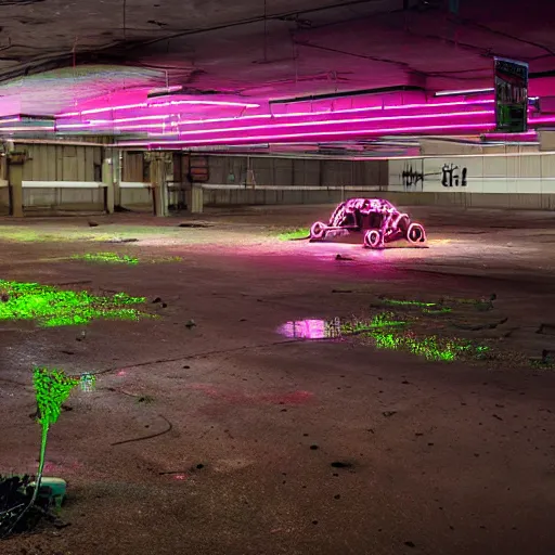 Prompt: a indoor abandoned parking lot with a farm runed by robots where they plant human heads, magenta lighting, neon, cyberpunk, art by Simon Stalenhag, cinematic, 4k